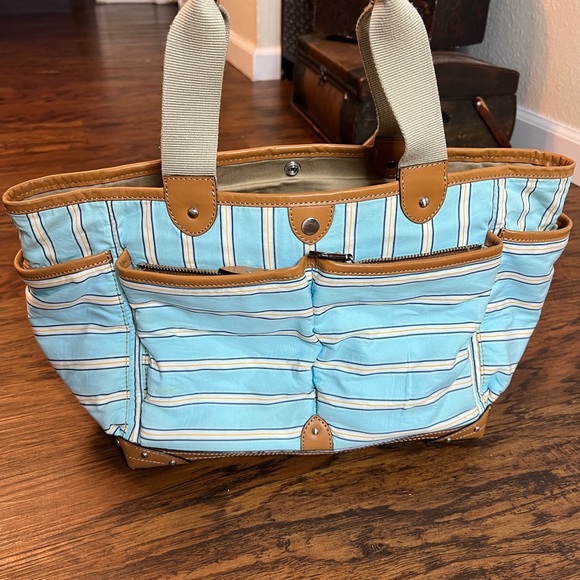 J.CREW Blue/White Striped Fabric Tote with Leather Trim-CUTE! - Picture 1 of 8